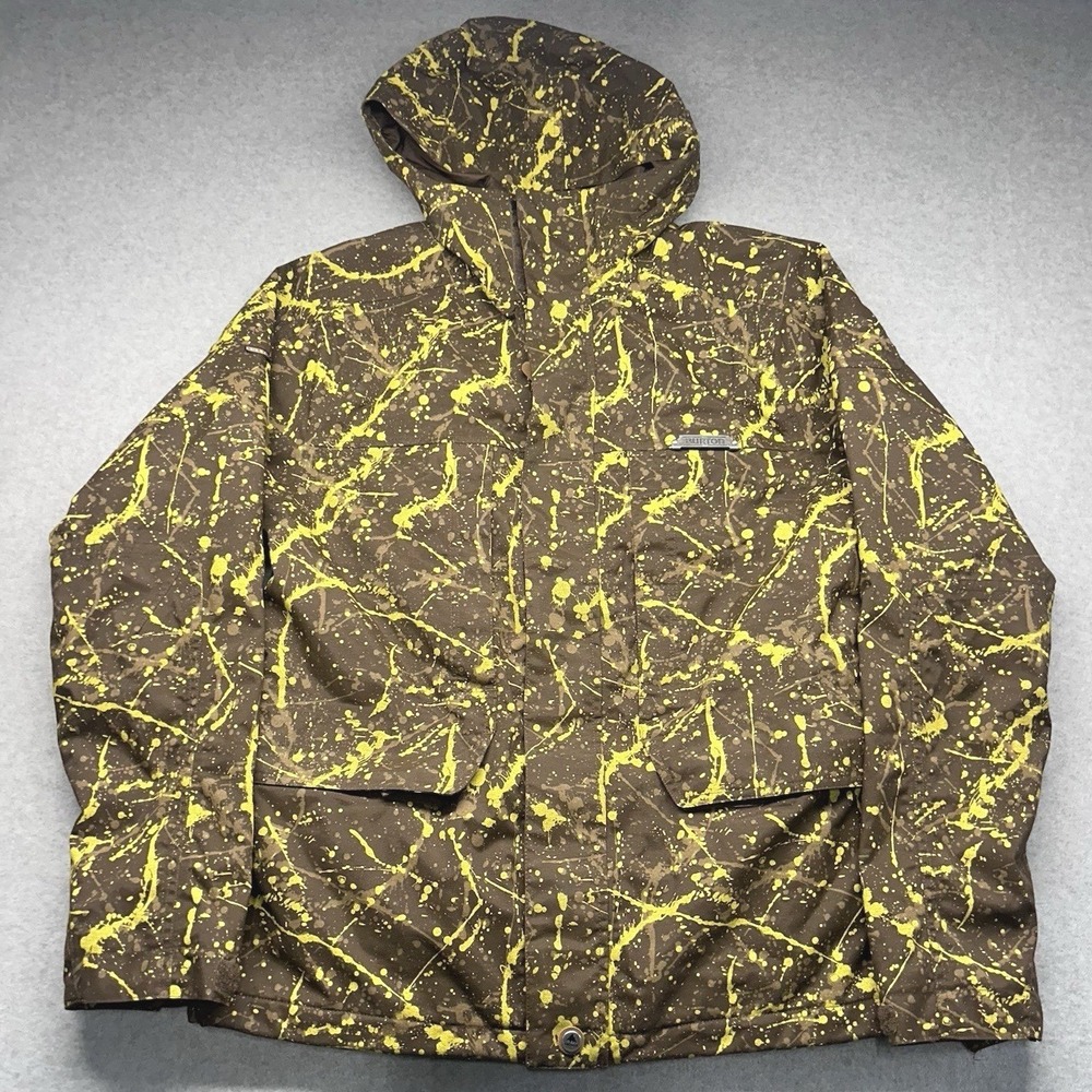 Burton Dryride Snowboard Jacket Brown Neon Yellow Splatter Mens Small Hooded